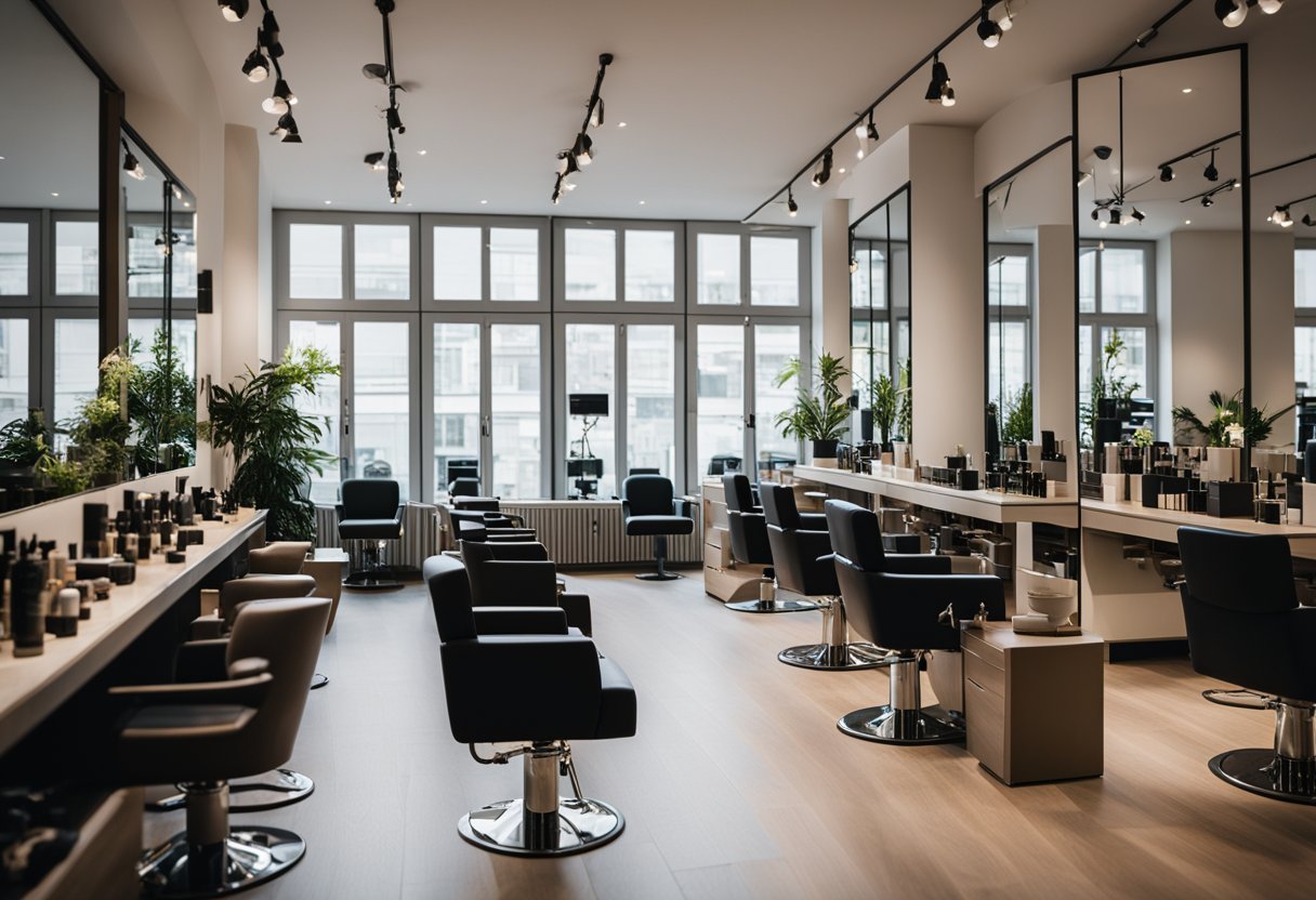 A busy hair salon in Berlin, Germany, with stylists working on clients' hair, shelves stocked with hair products, and a modern, sleek interior design