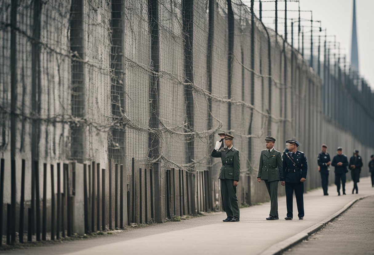People on either side of the Berlin Wall, divided by concrete and barbed wire, with armed guards patrolling the border