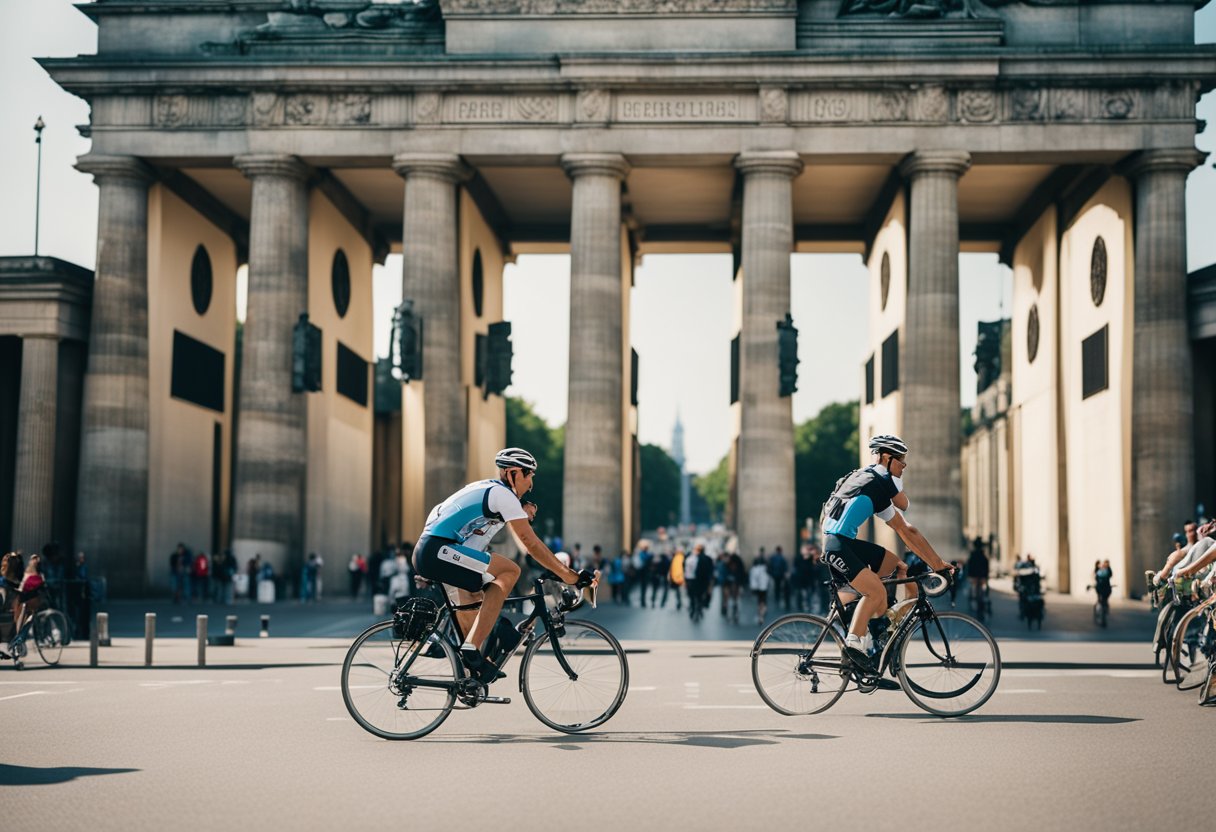 Radfahrer passieren das Brandenburger Tor, die Berliner Mauer und den Checkpoint Charlie an einem sonnigen Tag