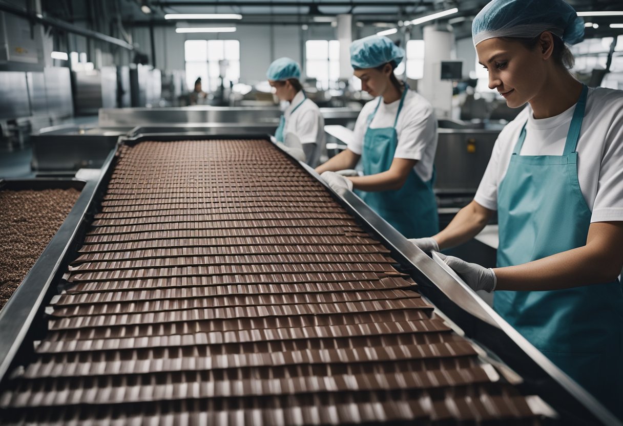 A chocolate factory in Berlin produces and packages chocolate bars for distribution. The company's headquarters is bustling with activity as workers load boxes onto trucks for delivery