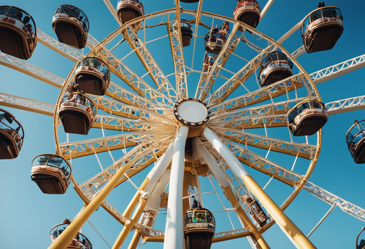 Thrilling roller coasters, colorful carousel, bustling crowds, and the iconic Ferris wheel at the amusement park in Berlin, Germany