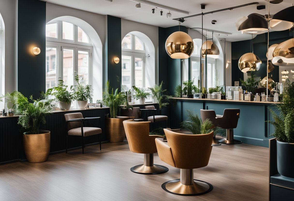 A cozy hair salon in Berlin, Germany, with modern decor and large windows letting in natural light. Stylish chairs and mirrors line the walls, and a friendly receptionist greets clients at the entrance