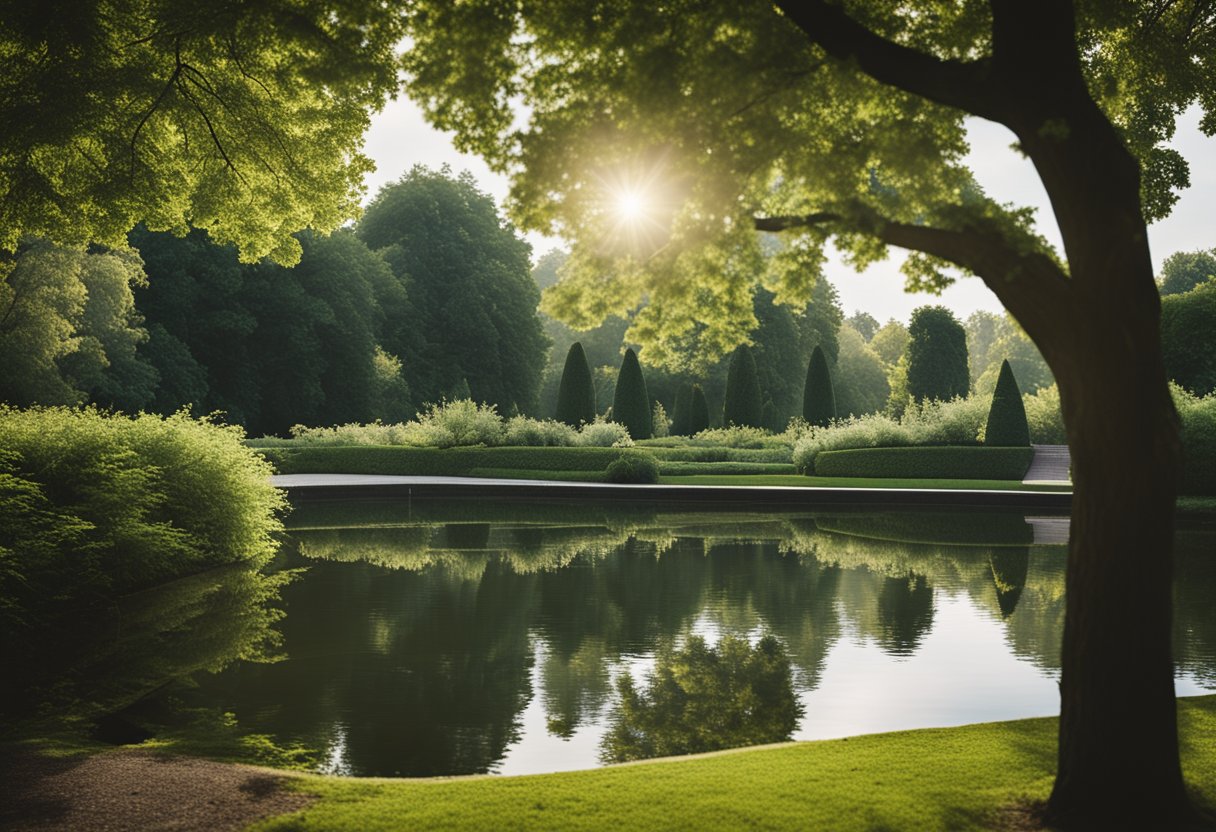 A serene park in Berlin, Germany with lush greenery and a tranquil pond