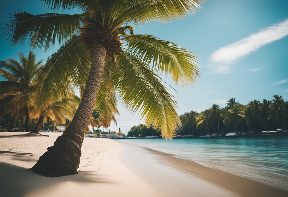 Palm trees sway on sandy beach. Crystal blue water surrounds tropical island in Berlin, Germany