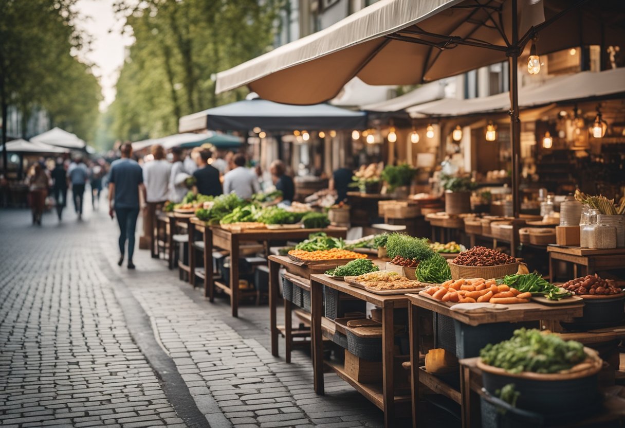Eine belebte Straße in Berlin, Deutschland, gesäumt von lebhaften vegetarischen Restaurants mit Sitzgelegenheiten im Freien, die eine Vielzahl von pflanzlichen Gerichten und kulturelle Vielfalt präsentieren