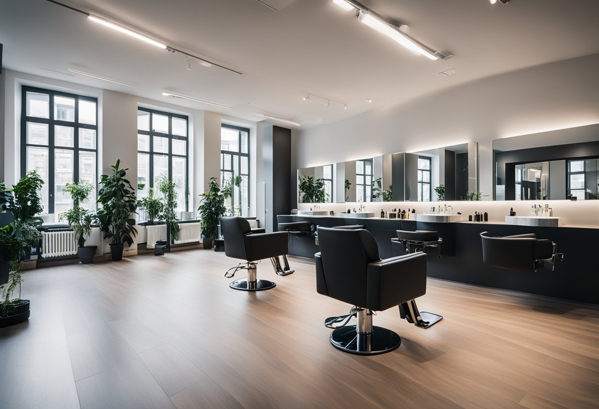 A modern hair salon in Berlin, Germany with sleek, minimalist decor and large windows letting in natural light. Stations are equipped with high-end tools and products, and there is a sense of calm and sophistication throughout the space