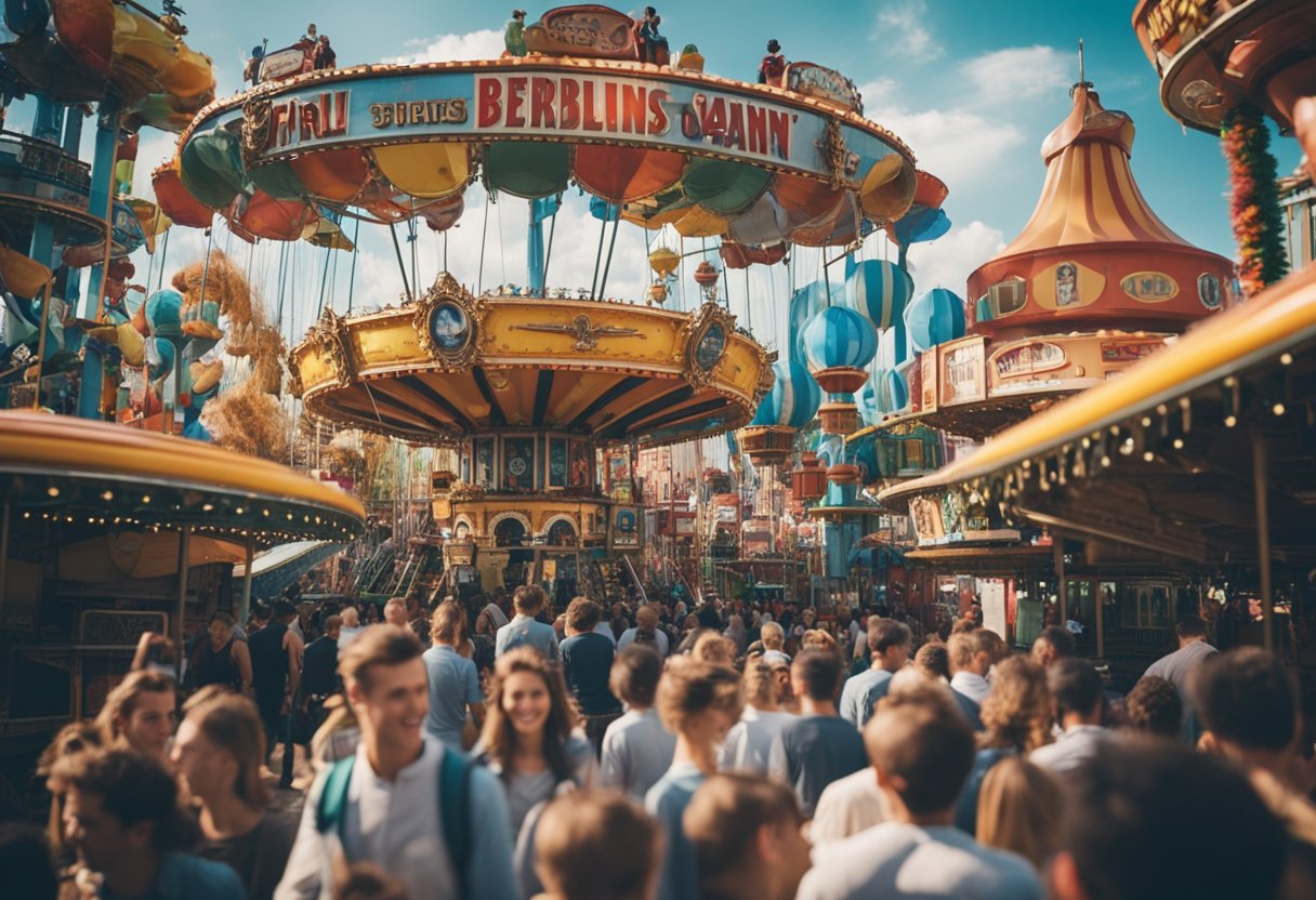 Visitors enjoy rides, food, and entertainment at a bustling amusement park in Berlin, Germany. Brightly colored attractions and happy crowds create a lively and energetic atmosphere