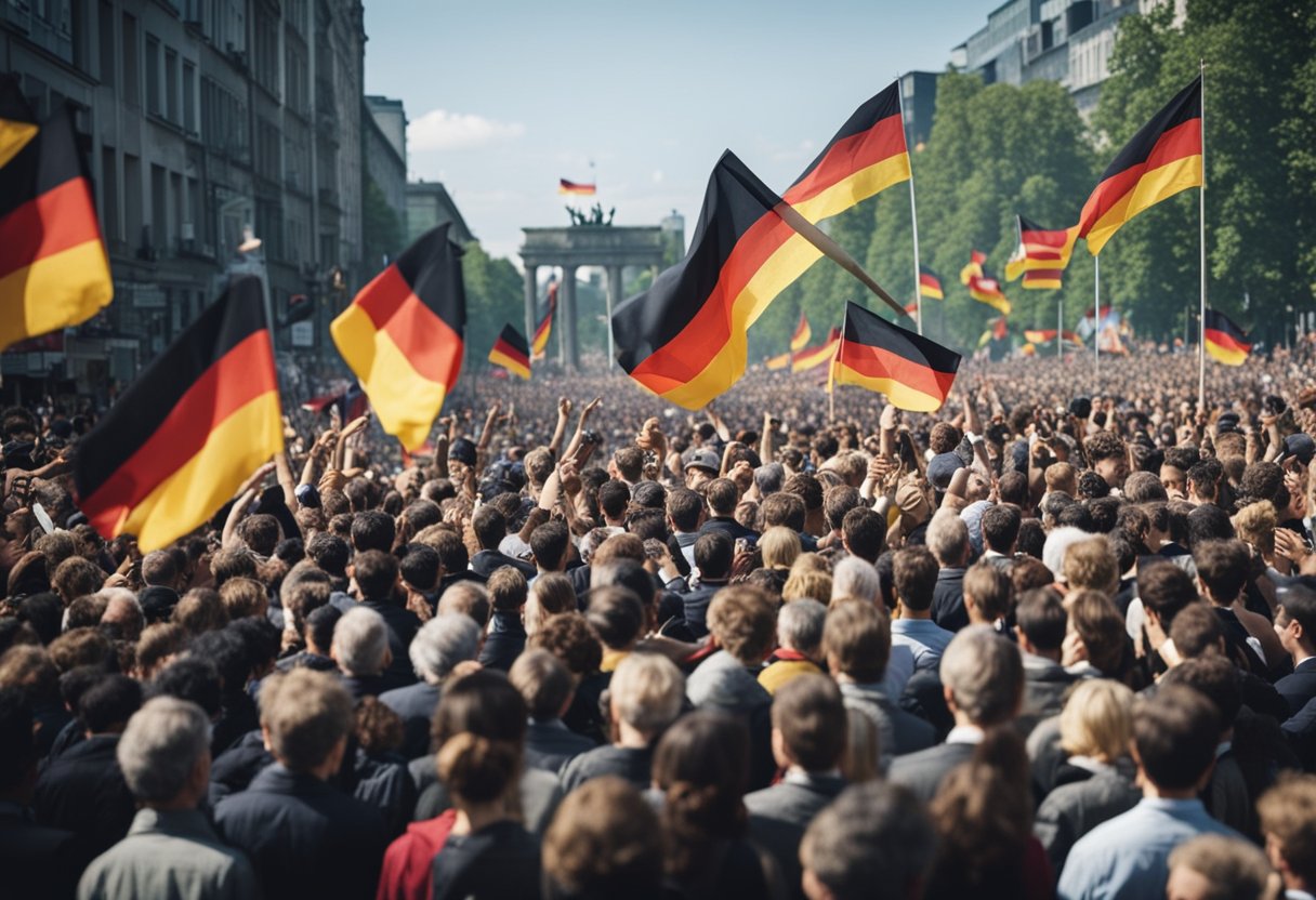 Germany reunified: Fall of the Berlin Wall, people celebrate. Flags wave, crowds cheer. New challenges emerge
