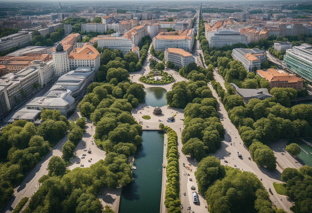 Eine tropische Insel mit Palmen und Sandstränden ist umgeben von der geschäftigen Stadt Berlin, Deutschland, und zeigt die einzigartige Mischung aus natürlicher Schönheit und städtischer Entwicklung