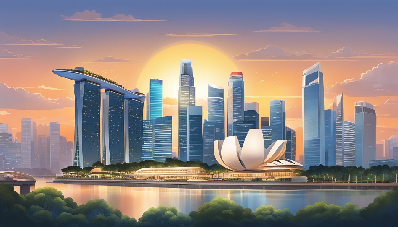 A panoramic view of the iconic Singapore skyline, with the OCBC Voyage Miles prominently displayed in the foreground. The sun sets behind the city, casting a warm glow over the modern architecture