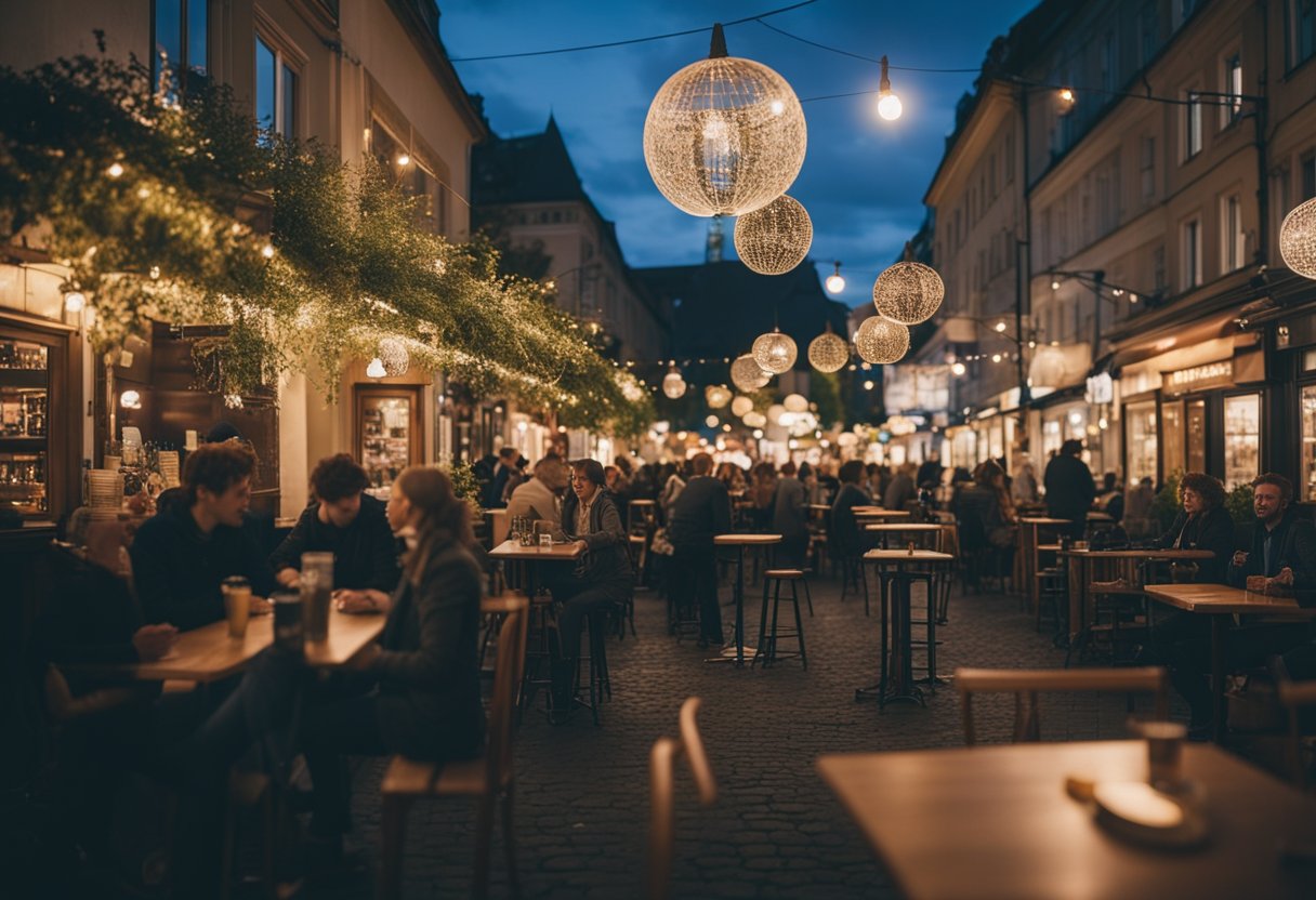Busy Berlin bars with colorful signs, outdoor seating, and lively conversations