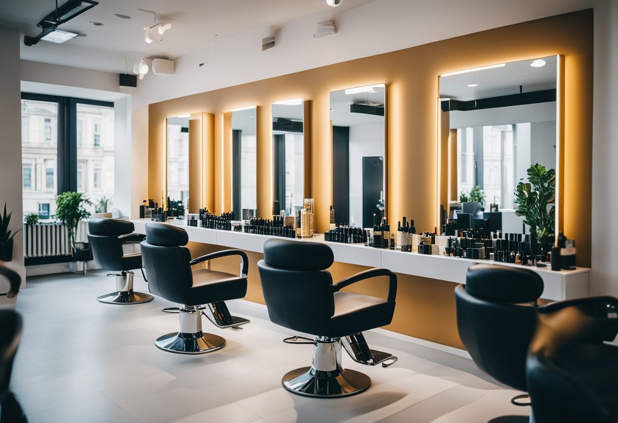 Geschäftiger Salon mit modernem Dekor, eleganten Stühlen und leuchtenden Haarprodukten in Berlin, Deutschland
