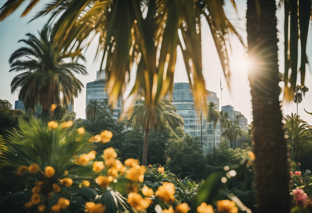 Lush green palm trees sway in the warm breeze, surrounded by vibrant flowers and exotic fruits. The sun shines brightly overhead, casting a warm glow on the tropical paradise hidden within the bustling city of Berlin, Germany