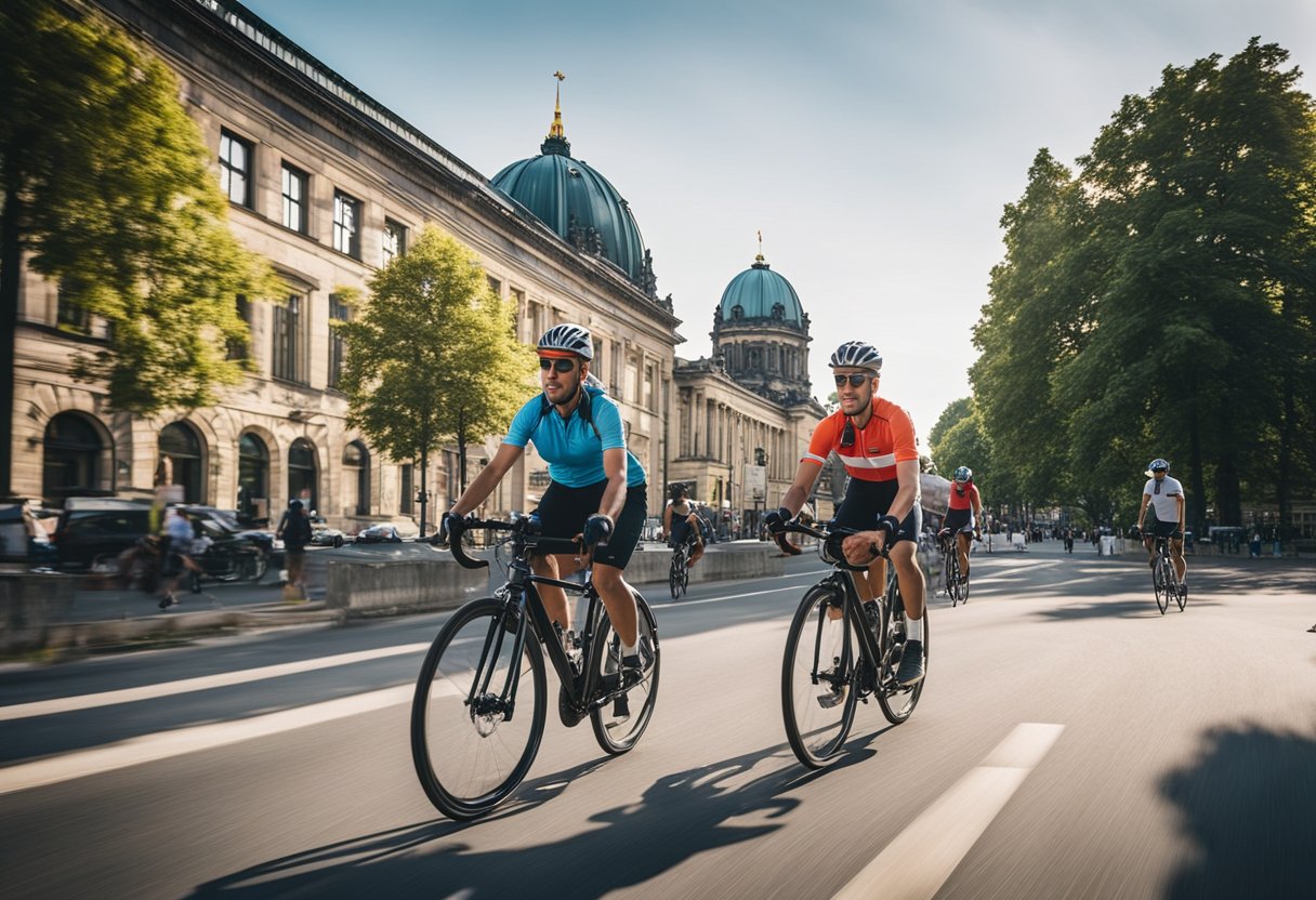 Cyclists ride through Berlin's diverse landscapes, passing by historic landmarks and modern architecture. The tour showcases the city's vibrant culture and natural beauty