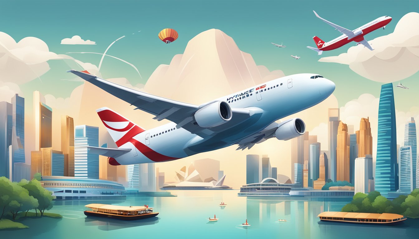 A luxurious travel scene with a sleek credit card, airplane, and iconic landmarks, showcasing the benefits of OCBC Voyage Miles in Singapore