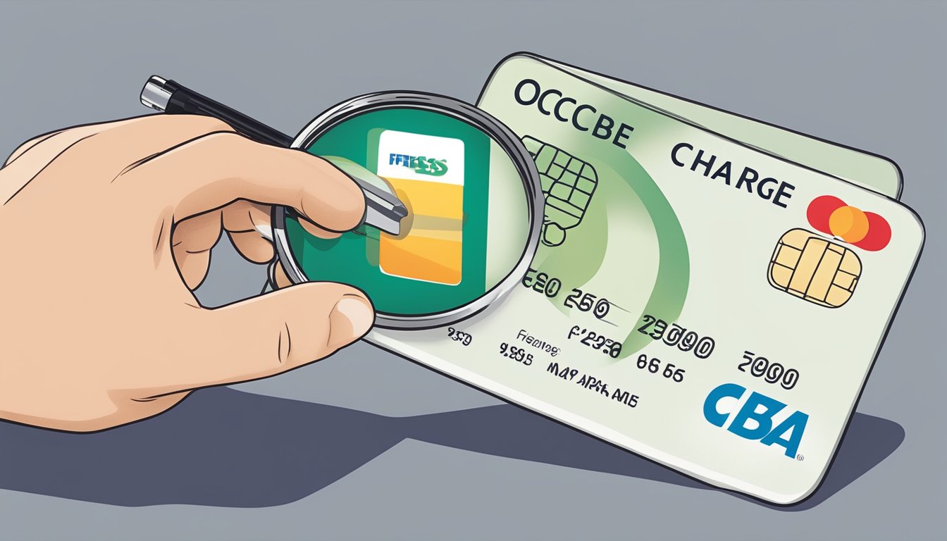 A hand holding a credit card with a magnifying glass focusing on the fine print of a document titled "Understanding Fees and Charges OCBC Voyage Miles Singapore."