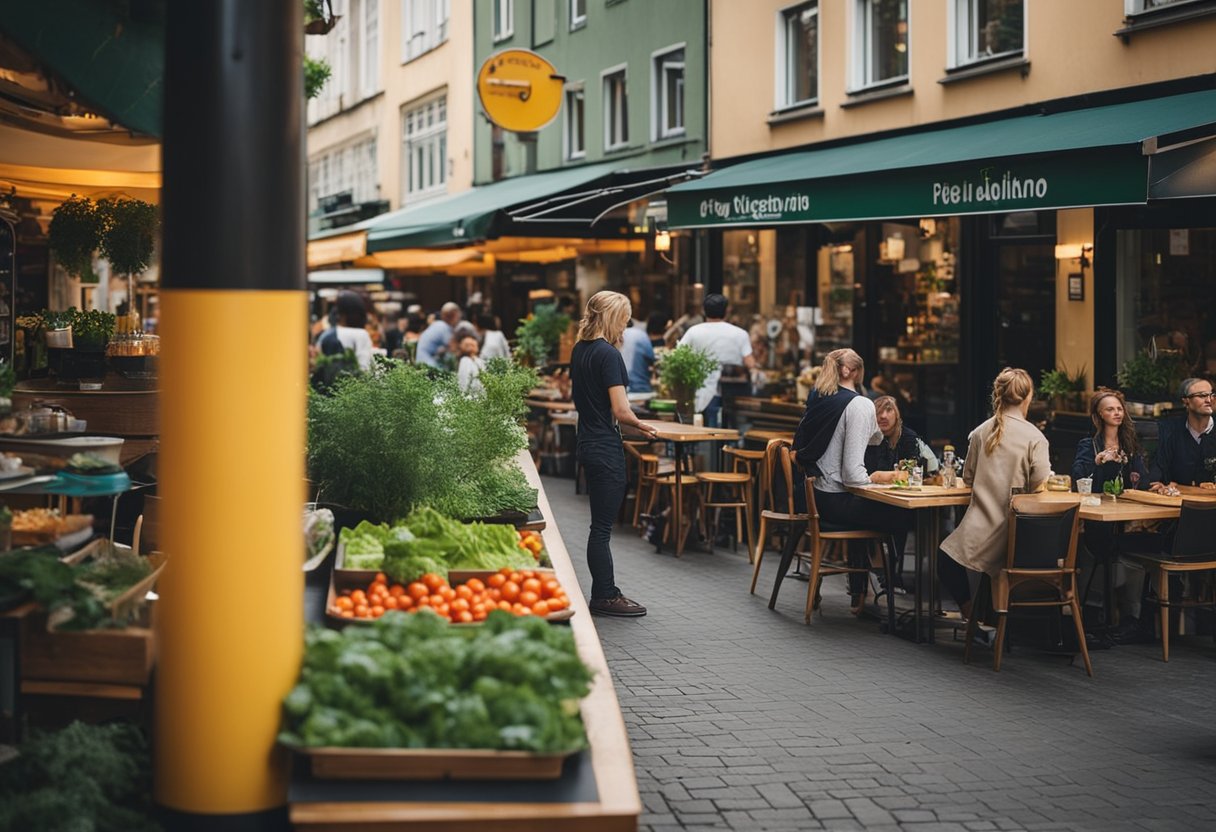 A bustling street in Berlin, with colorful signs and outdoor seating at the top vegetarian restaurants. Greenery and plant-based dishes on display