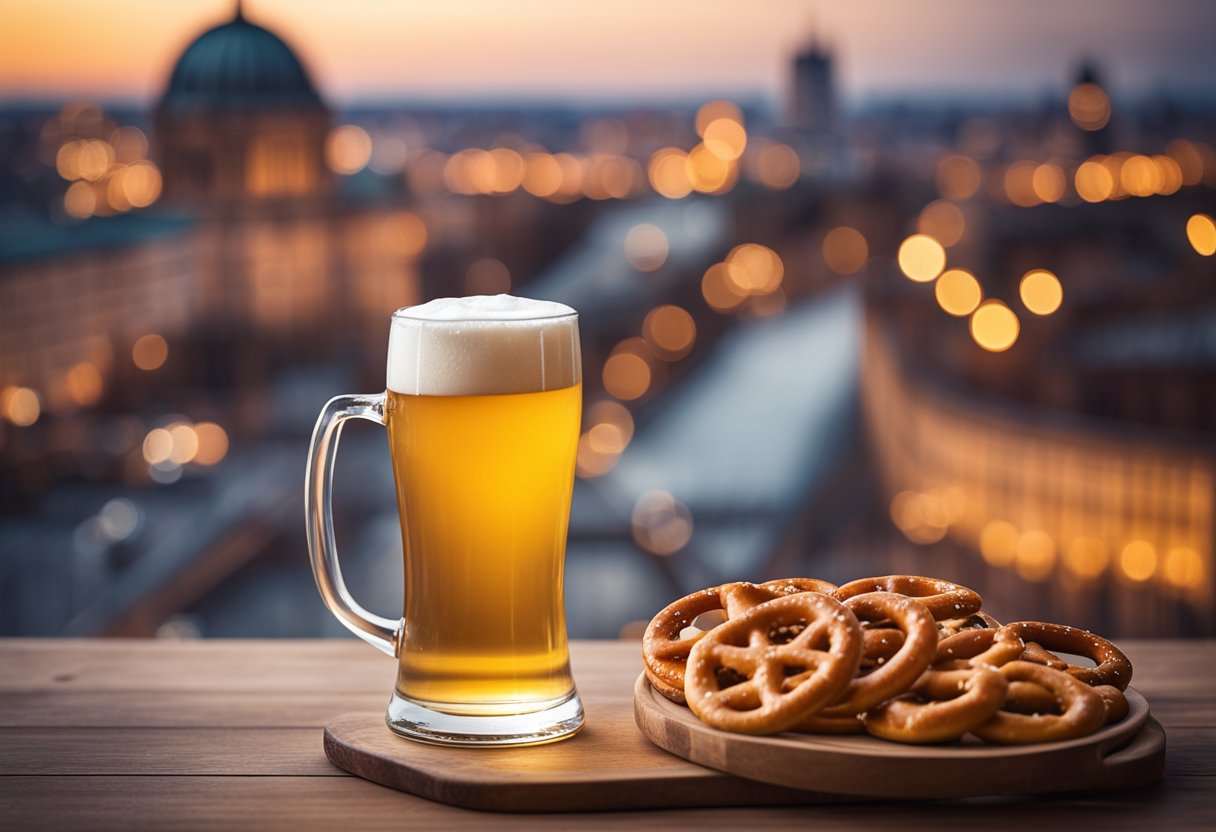 A table with a stein of beer, pretzels, and a Berlin cityscape in the background