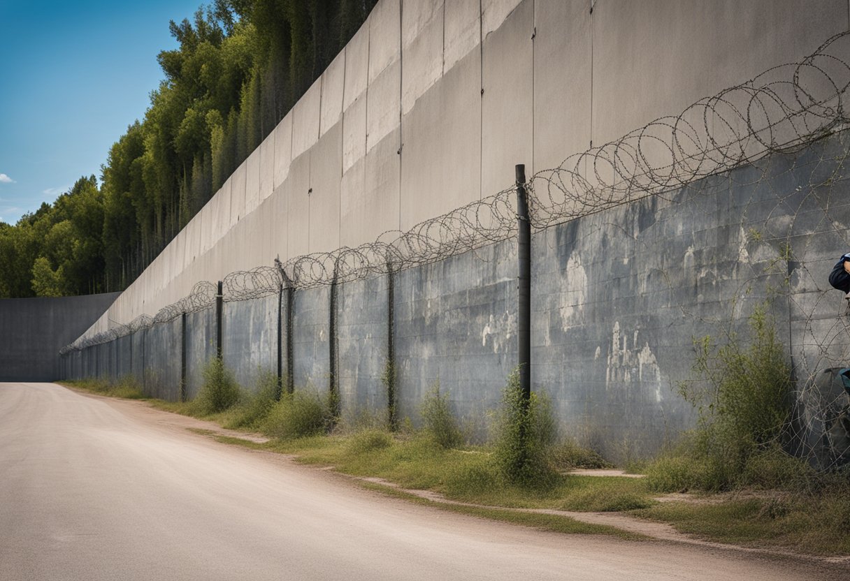 A tall concrete wall with barbed wire on top divides the city. Graffiti covers the western side, while armed guards patrol the eastern side