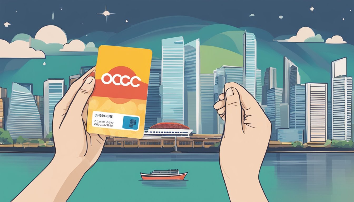 A hand holding an OCBC Voyage Card with Singapore skyline in the background