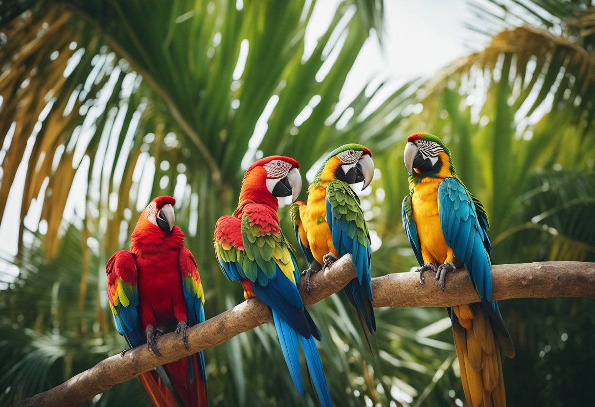 Palm trees sway in the warm breeze, while colorful parrots fly overhead. The sound of live music and laughter fills the air as tourists enjoy the vibrant entertainment on the tropical island in Berlin, Germany