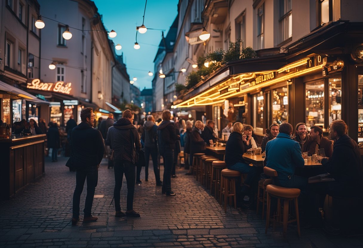 A bustling Berlin bar scene with colorful neon signs, outdoor seating, and diverse patrons enjoying drinks and conversation