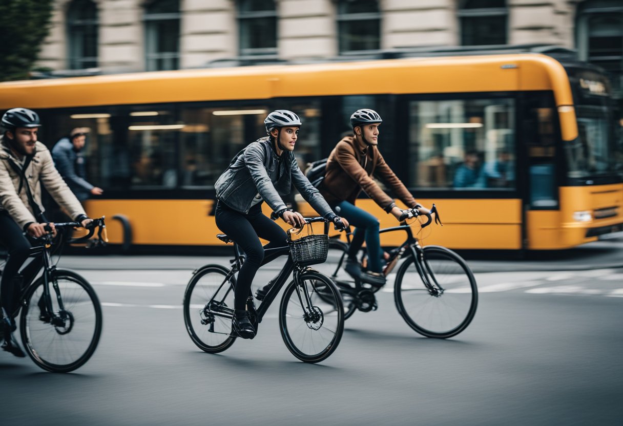 Eine Gruppe von Radfahrern fährt durch die Straßen von Berlin, vorbei an berühmten Wahrzeichen und genießt die lebendige Atmosphäre der Stadt