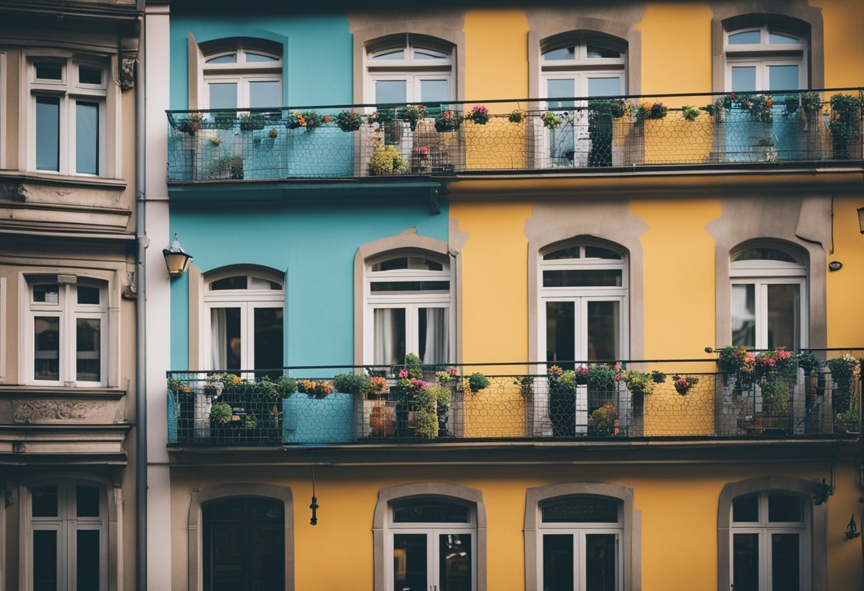 A colorful array of hostels in Berlin, from modern to historic buildings, with vibrant signs and bustling outdoor cafes