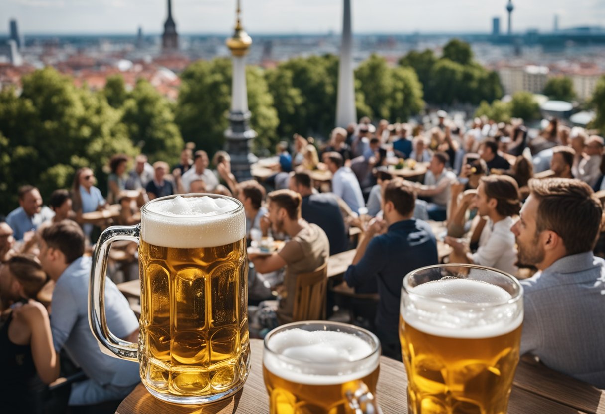 Ein belebter Biergarten in Berlin, gefüllt mit lebhaftem Geplauder und klirrenden Gläsern. Traditionelle Bierkrüge und Brezeln schmücken die Holztische, während sich im Hintergrund der Berliner Fernsehturm abzeichnet