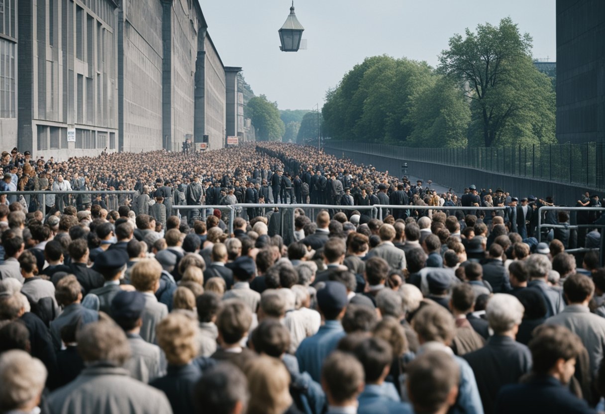 Crowds gather on either side of the Berlin Wall, a stark divide in the city. Tension is palpable as guards patrol the barrier, symbolizing the deep division between East and West Germany