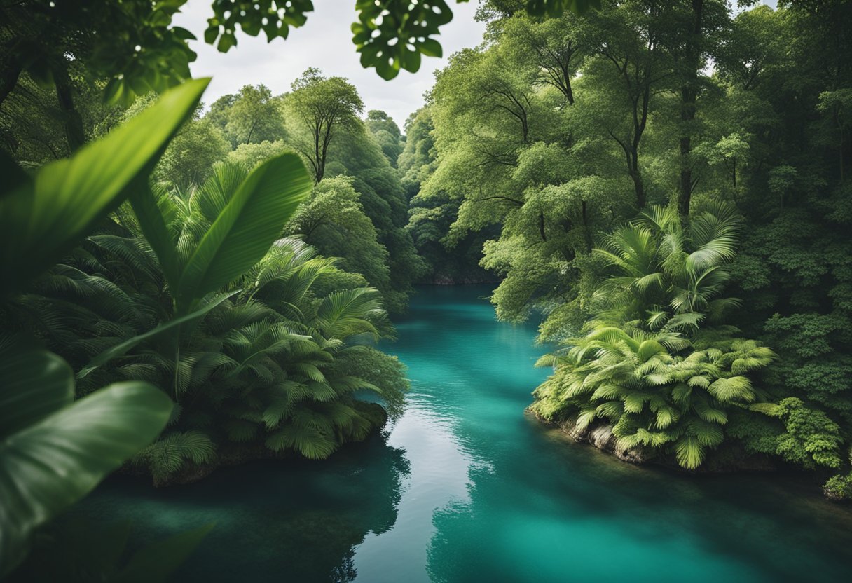 Eine heitere tropische Inselszene in Berlin, Deutschland, mit üppigem Grün, ruhigem blauem Wasser und einer friedlichen Atmosphäre für Entspannung und Wellness