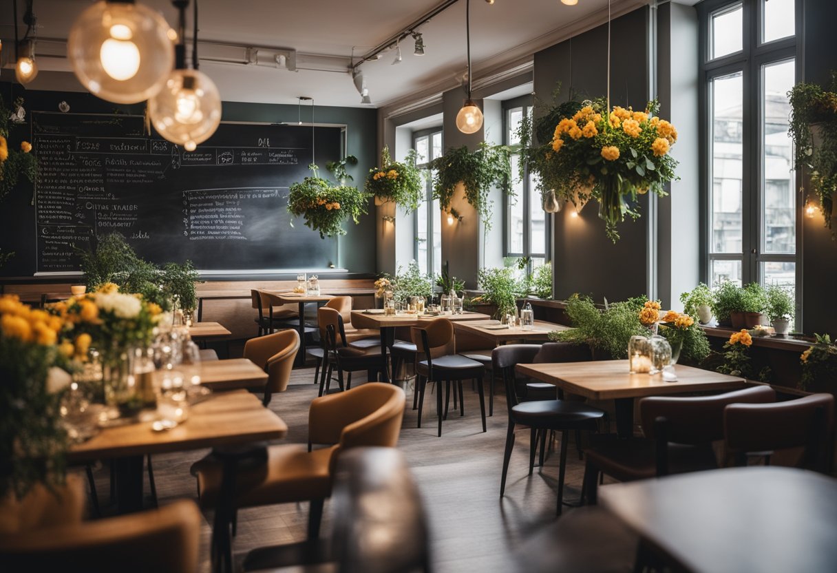 Ein gemütliches, modernes vegetarisches Restaurant in Berlin, Deutschland. Tische mit frischen Blumen, warme Beleuchtung und eine Speisekarte mit pflanzlichen Gerichten auf Kreidetafeln