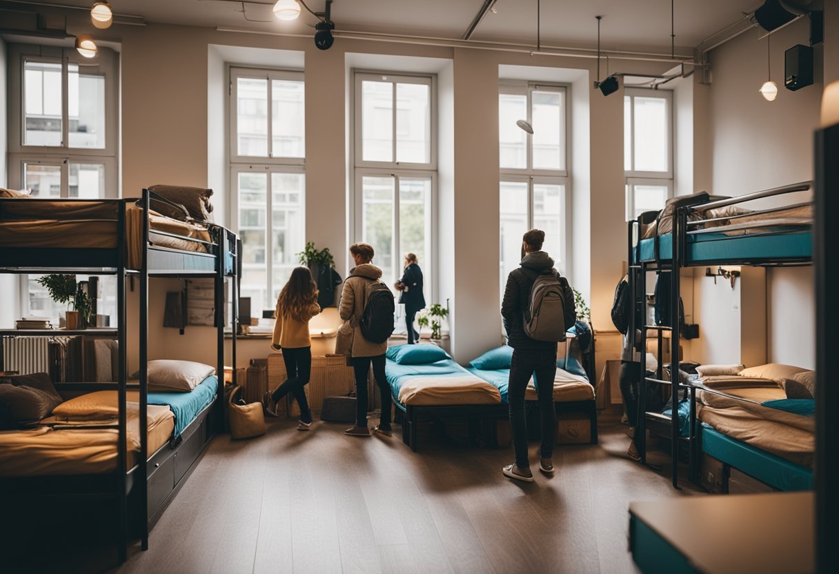 A bustling hostel in Berlin, Germany, with a vibrant common area, cozy bunk beds, and travelers from around the world socializing and sharing stories