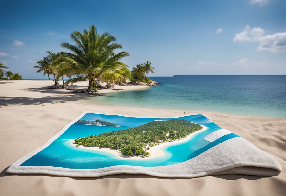 Eine tropische Insel in Berlin, Deutschland, mit Palmen, klarem, blauem Wasser und weißen Sandstränden. Eine Karte und ein Reiseführer liegen auf einem Strandtuch