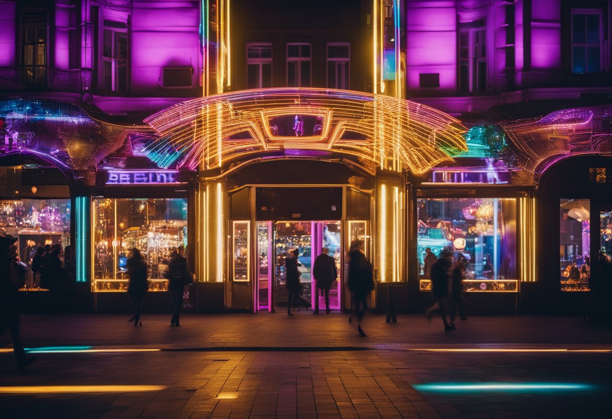 Vibrant neon lights illuminate the entrance of iconic Berlin nightclubs, casting a colorful glow onto the bustling streets. Music spills out into the night, drawing in crowds of party-goers eager to experience the city's renowned nightlife