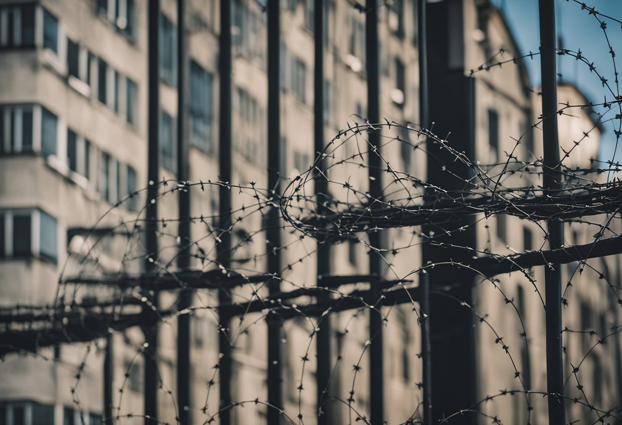 The Berlin Wall looms over the divided city, casting a shadow of oppression and separation. Barbed wire and guard towers stand as symbols of the stark consequences of the wall's presence