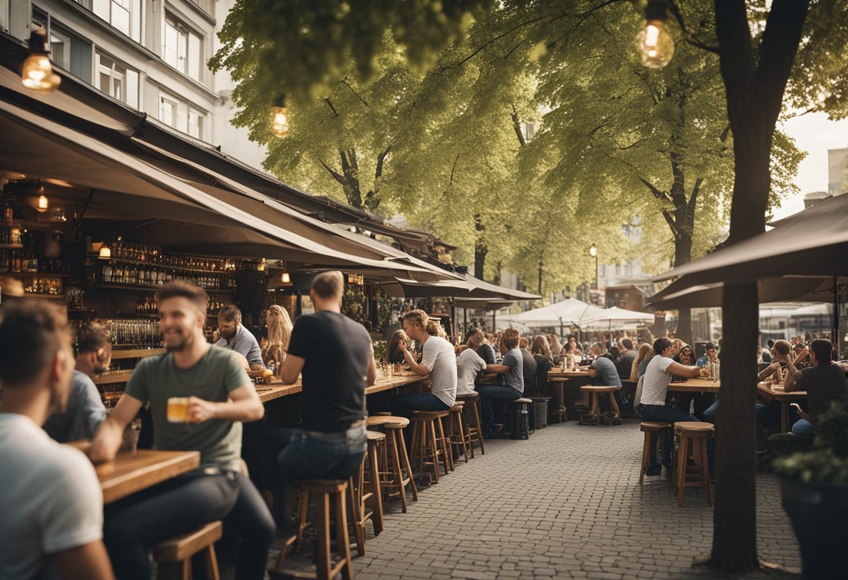 An outdoor beer garden in Berlin, Germany, with a variety of breweries and brewpubs lining the street, filled with people enjoying craft beer and socializing