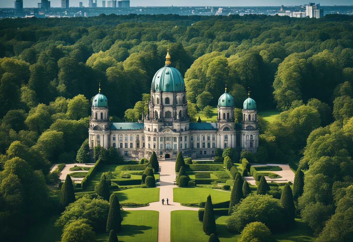 Lush gardens surround a majestic castle in Berlin, Germany. Rolling hills and serene parks create a picturesque natural landscape