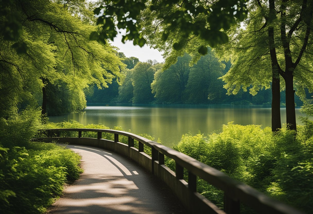 Volkspark Friedrichshain: A vibrant park with lush greenery, winding paths, and a serene lake in Berlin, Germany