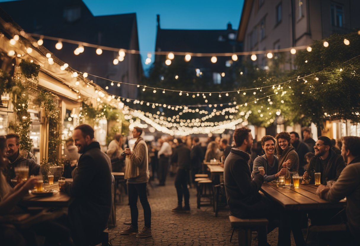 A bustling beer garden in a Berlin neighborhood, with people chatting and clinking glasses under twinkling string lights