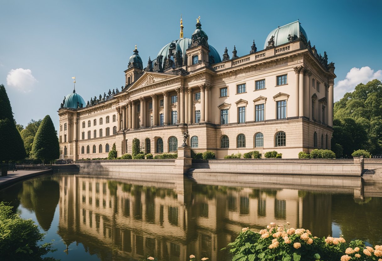 A grand castle in Berlin, Germany, with towering spires and ornate facades, surrounded by lush gardens and a moat