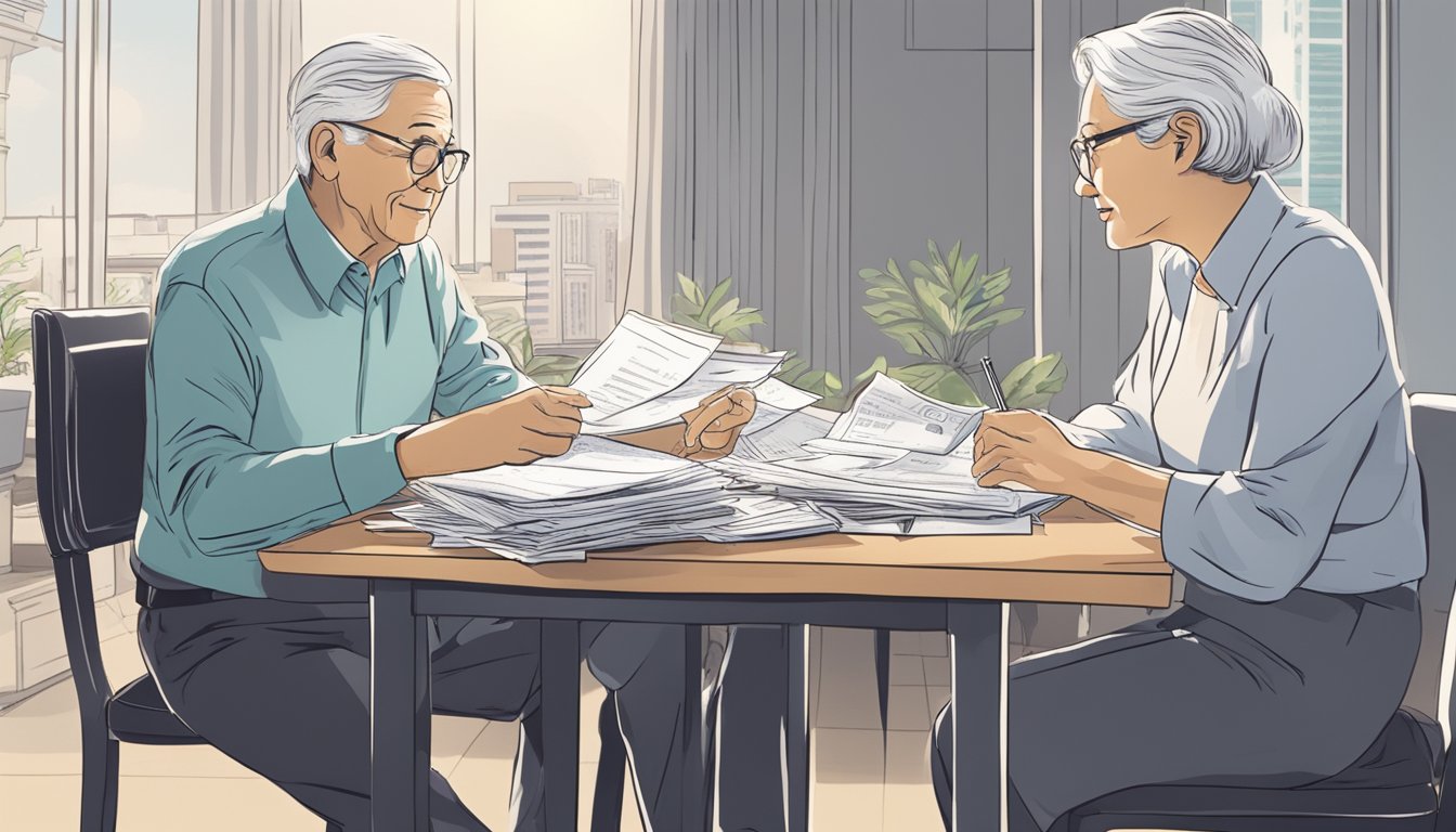 A senior couple sits at a table, discussing their financial future with the OCBC Will Generator in Singapore. Papers and pens are scattered across the table as they plan for their silver years