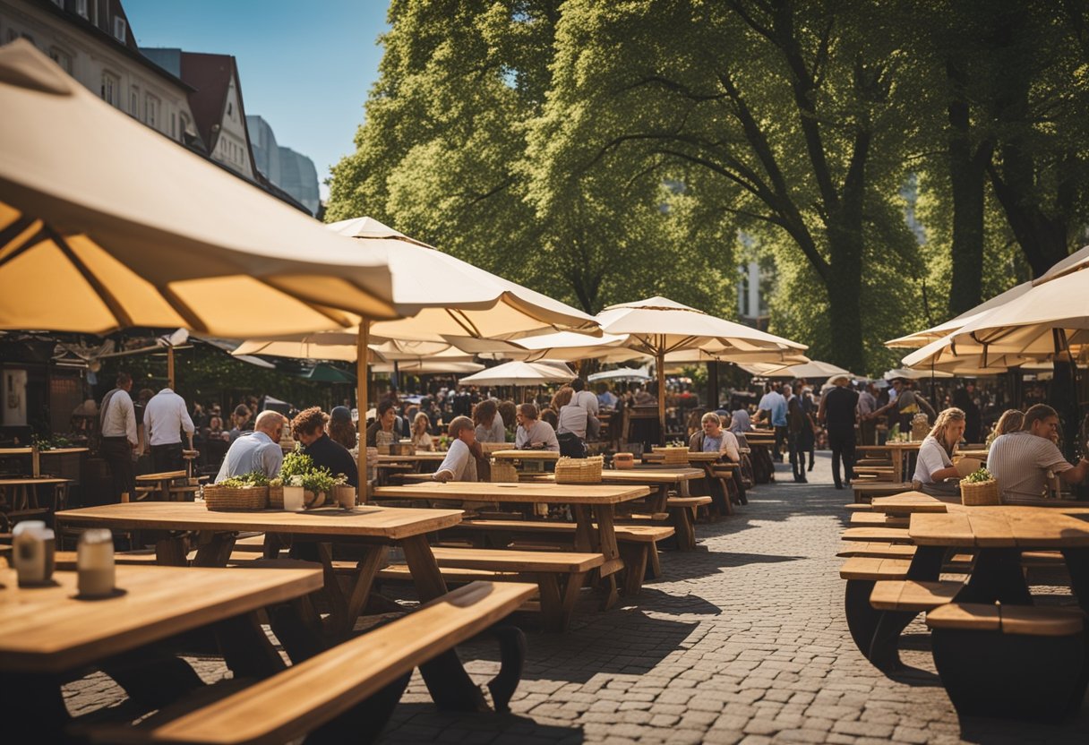 Ein belebter Biergarten in Berlin, Deutschland, mit Reihen von hölzernen Picknicktischen, bunten Sonnenschirmen und einer lebhaften Atmosphäre