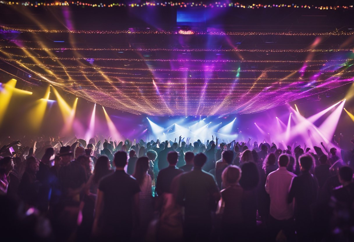 Colorful lights illuminate the crowded dance floor. Music fills the air as people move to the beat. DJ booth and bar in the background