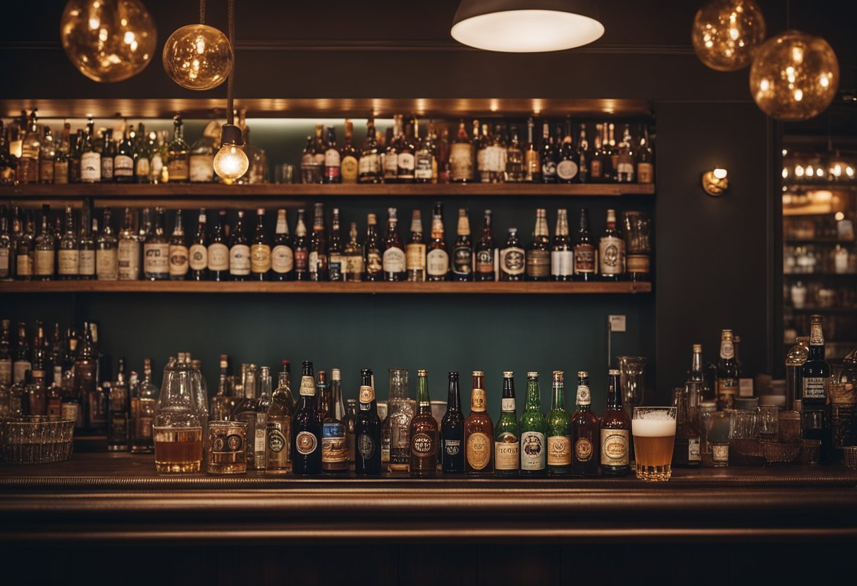 A cozy bar in Berlin's district, adorned with vintage decor and dim lighting, serving local German beers and specialty cocktails