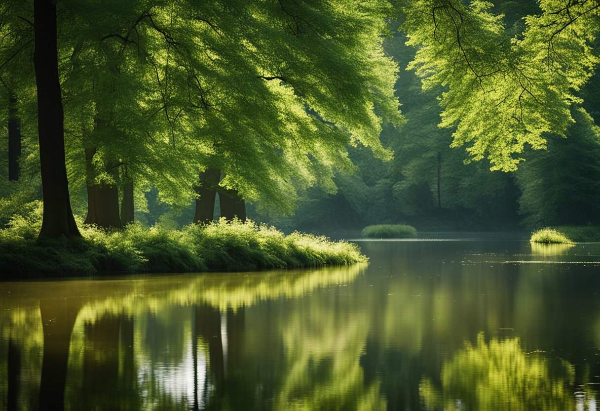 Lush greenery surrounds a tranquil lake in Berlin's Tiergarten Park. Sunlight filters through the trees, casting dappled shadows on the water's surface