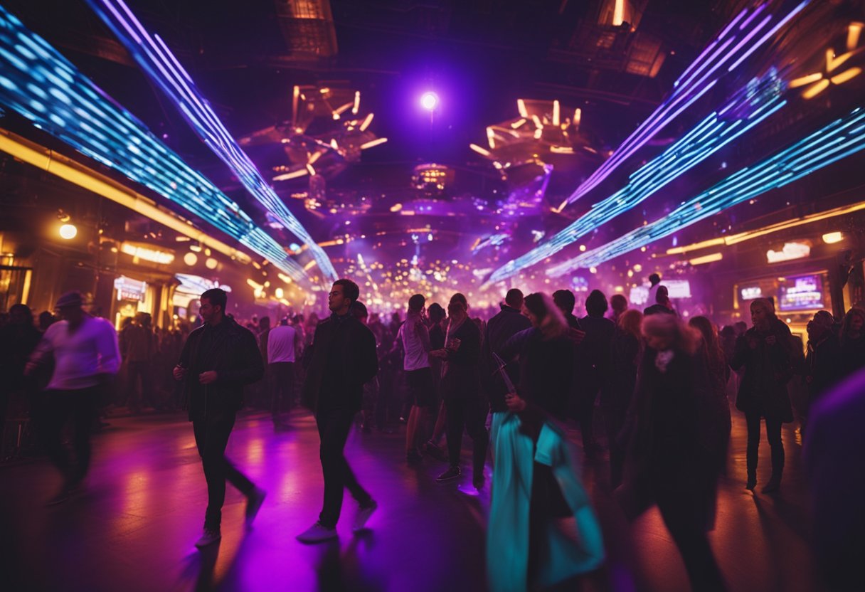 Vibrant nightlife in Berlin, Germany. Neon lights illuminate bustling nightclubs. Crowds dance to pulsing music in the energetic atmosphere