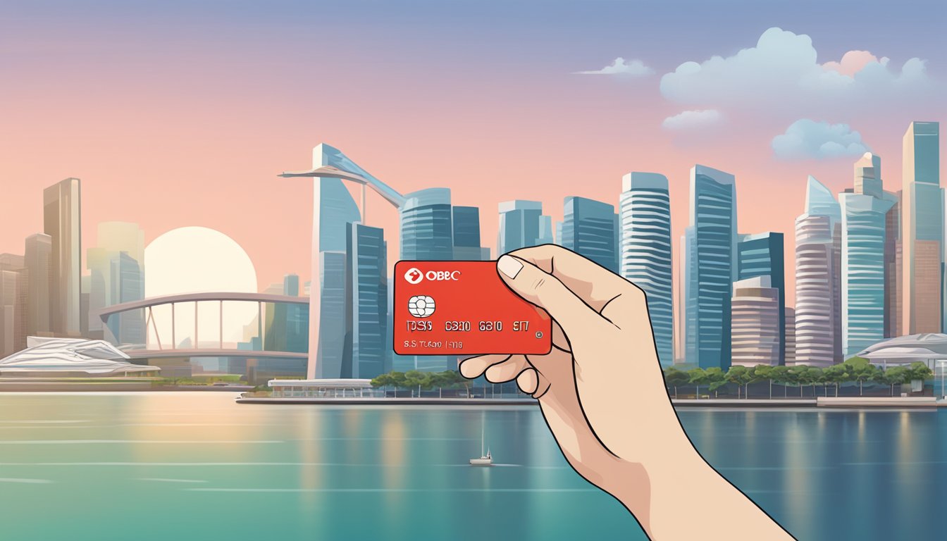 A hand holding an OCBC YES debit card against a Singaporean backdrop
