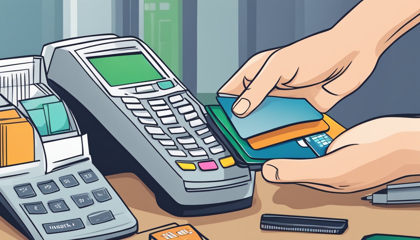A hand swipes a debit card at a store or online, then uses it to invest in stocks or make other financial transactions