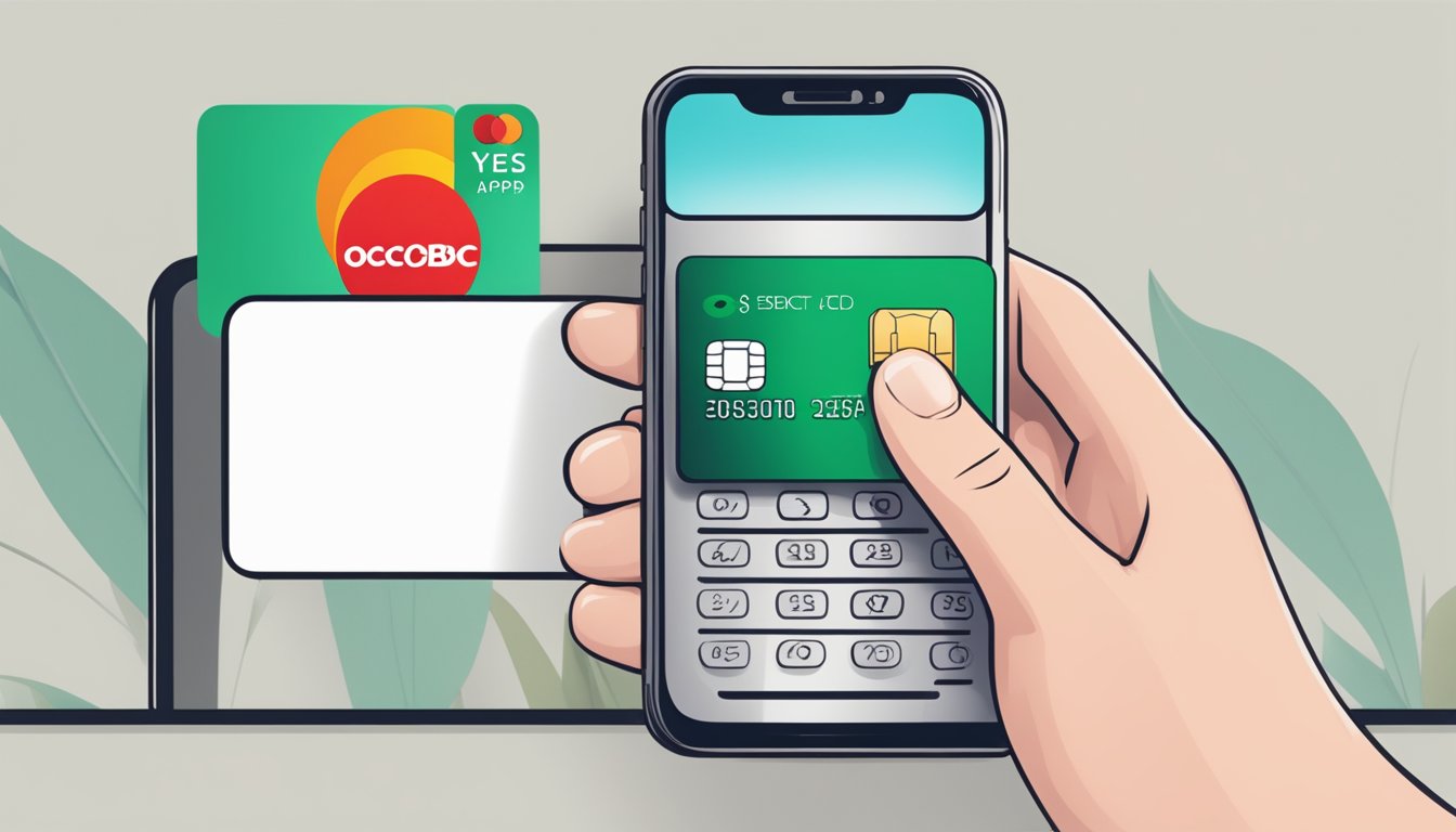 A hand holding an OCBC YES Debit Card, with a smartphone displaying the OCBC mobile app in the background
